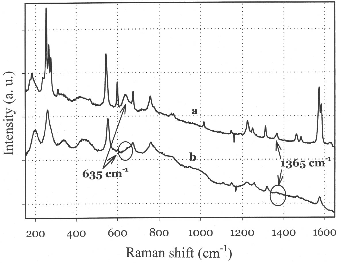 Image of Raman spectra of indigo and Maya Blue, with arrows pointing to two peaks present in indigo but absent in Maya Blue