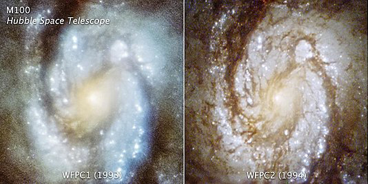 Image showing a photo taken in 1993 next to one taken in 1994, showing the improved sharpness. The link includes another photo taken in 2018 after the mirror was refined further.