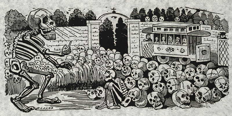 Print shows large skeleton hypnotizing a group of skulls and a sitting skeleton; an electric street car, with skeletons as passengers, is in the background.